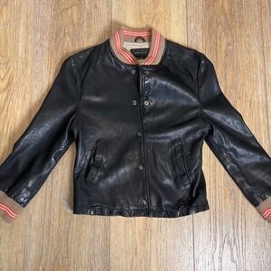 Y2K BCBGMAXAZRIA Black Leather Bomber Jacket Ribbed Collar Cuffs Varsity XS